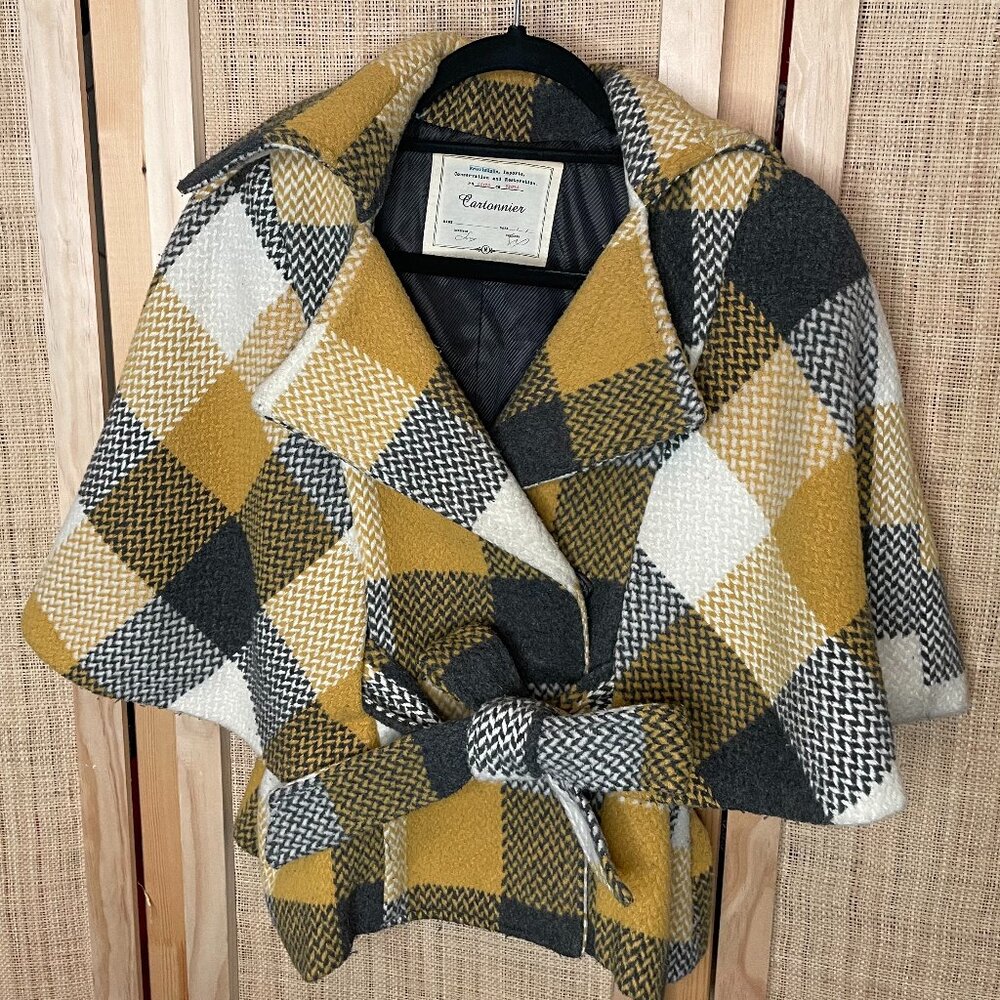 Anthropologie Cartonnier Wool Plaid Check Cape Coat Women’s M yellow and black